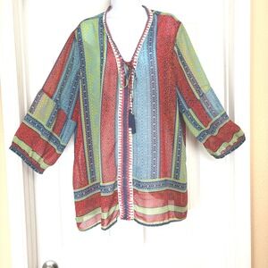 Boho Paisley Sheer V-Neck Long Sleeve Crochet One Size‎ Multicolor Tassel Trim